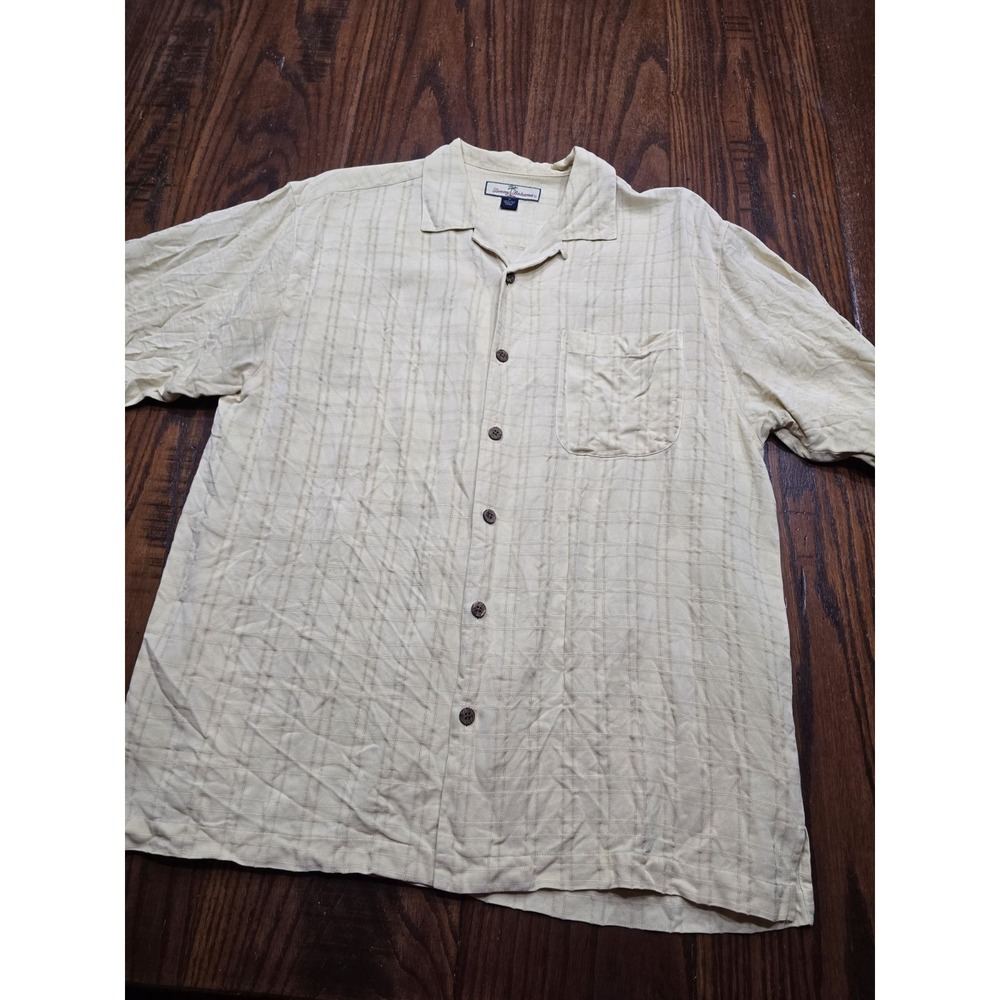 Tommy Bahama Mens Silk Short Sleeve Button Down Shirt Yellow Windowpane Medium